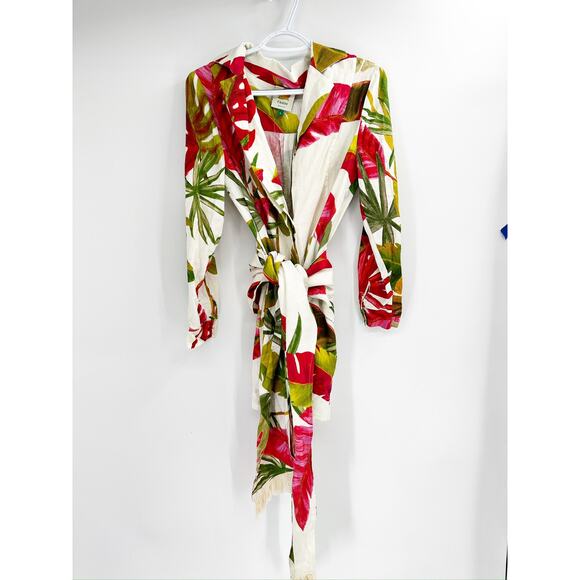 Farm Rio Spring Forest Long Sleeve Linen Blend Tie Waist Mini Dress Size Small - Picture 2 of 5